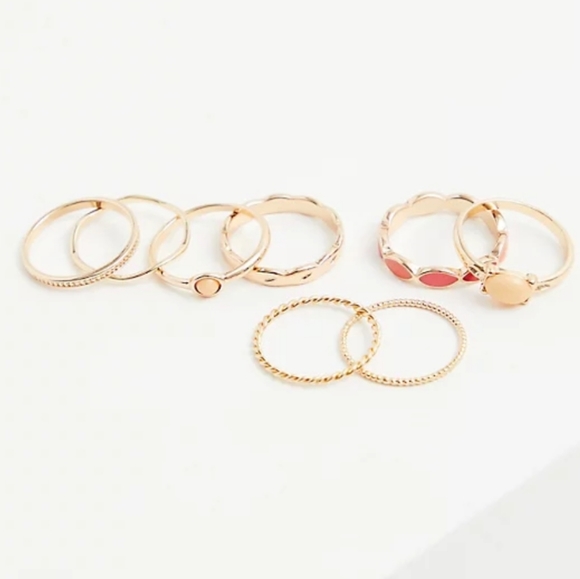 NWT GOLD-TONE & CORAL ENAMEL RING SET OF 8 - Picture 2 of 15